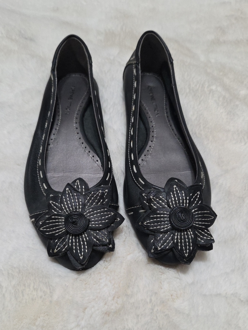 Women's Black Floral Ballet Flats with Flower - Comfortable Slip-On Shoes